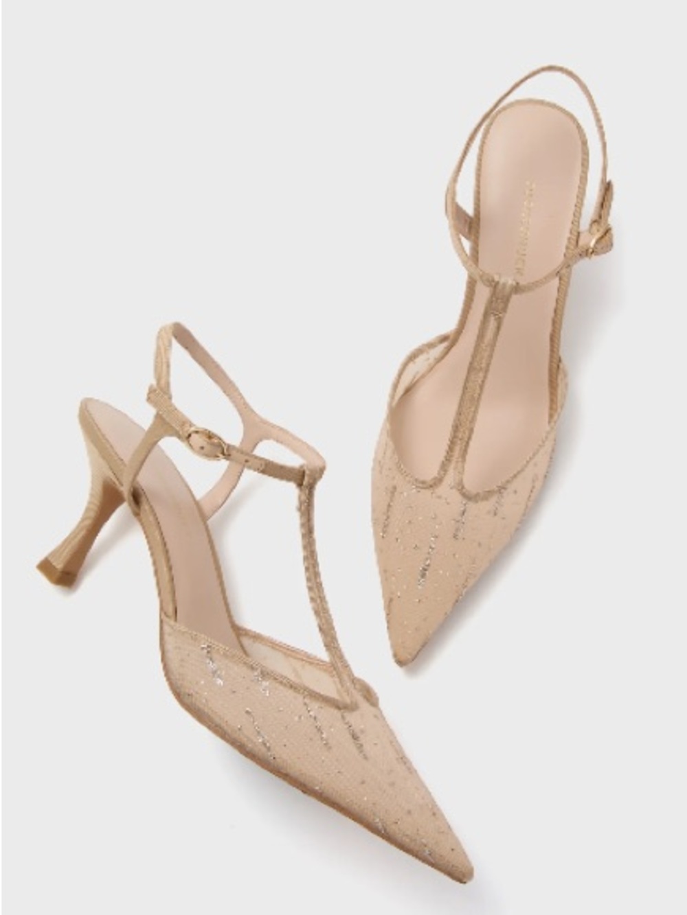 Tuckernuck Beige Glitter T-Strap Pointed Slingback Kitten Heels